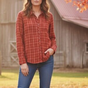 Lucky Brand red plaid flannel shirt button front collared medium